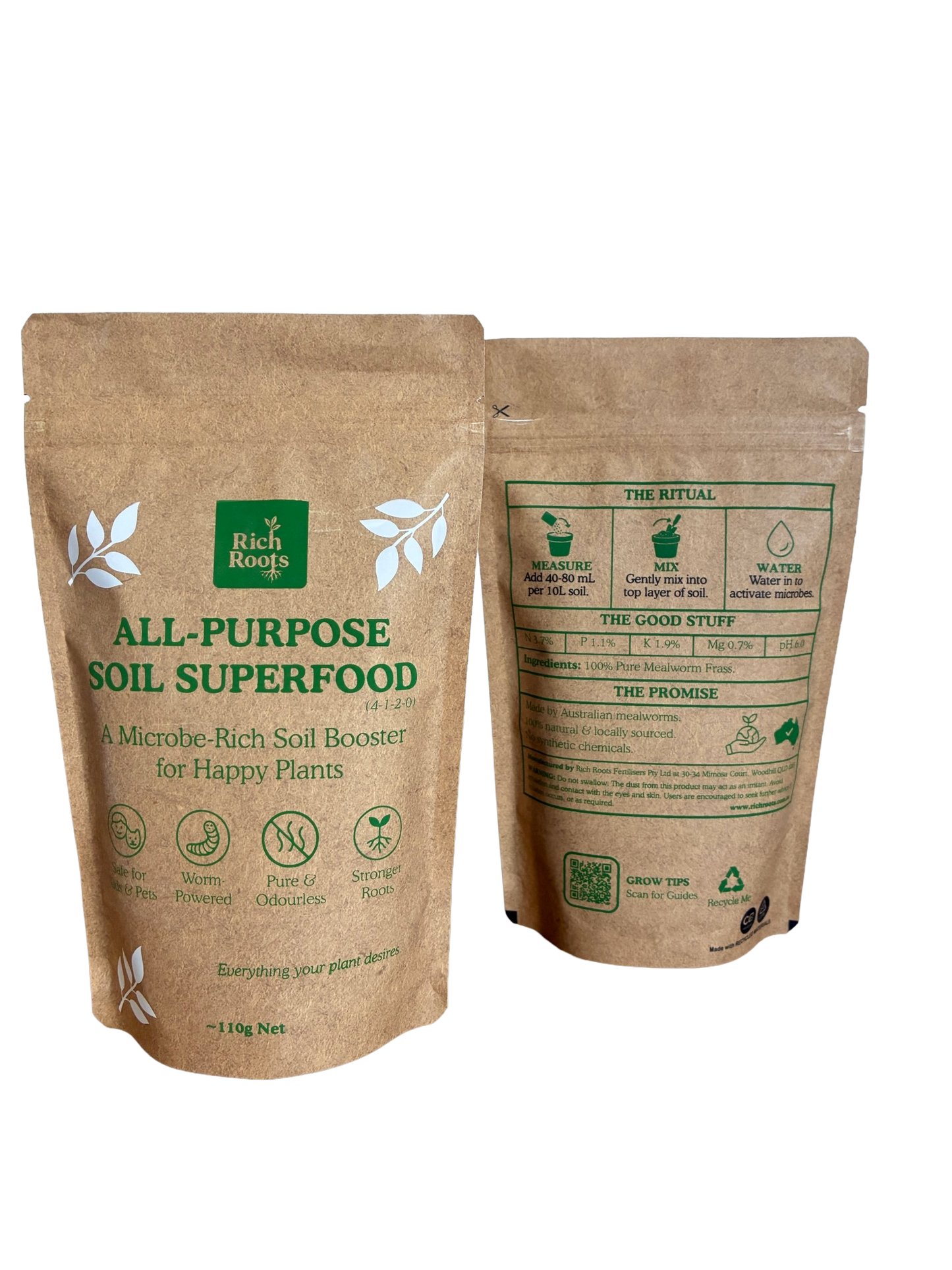 Front and back packaging of RichRoots 110g mealworm frass fertiliser