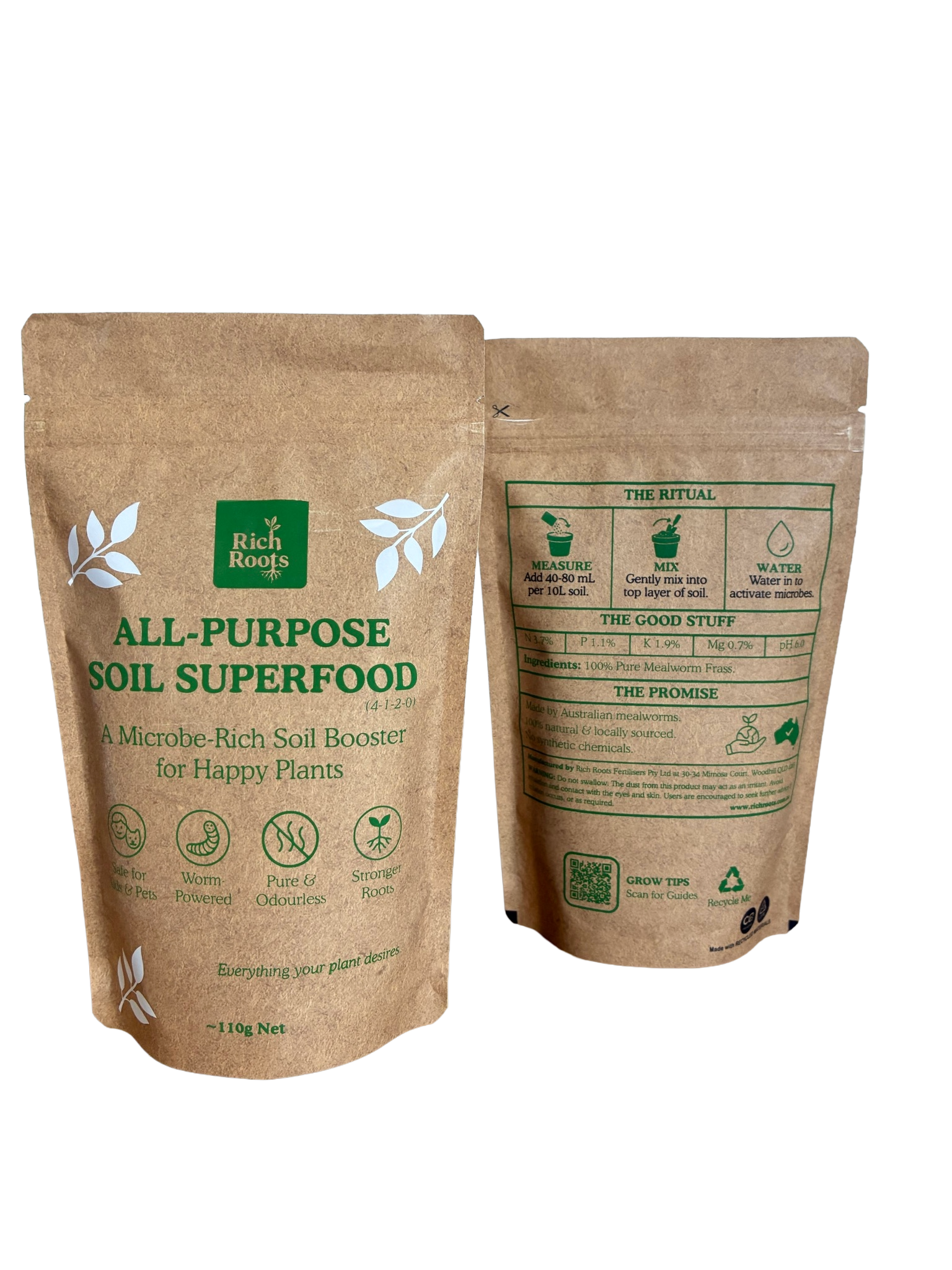 Front and back packaging of RichRoots 110g mealworm frass fertiliser