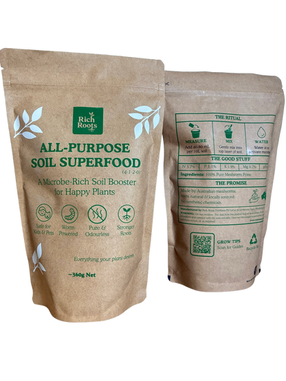 Front and back packaging of RichRoots 360g mealworm frass fertiliser